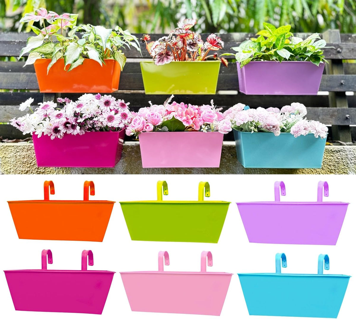 LaLaGreen Rectangular Metal Railing Planter Boxes