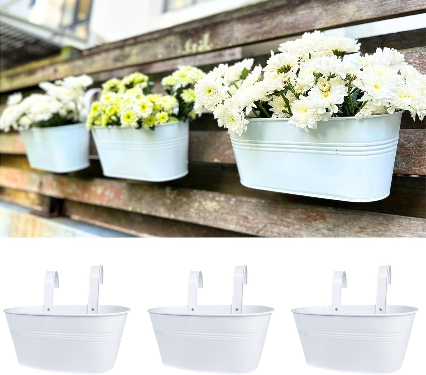 LaLaGreen Rail Planter Outdoor Plants (8 Pack, 11.8 Inch) White Metal Iron Hanging Flower Pots Deck Railings Fence Buckets Modern Countryside Boho Style Wall Mount Window Box Holder Hooks Porch Decor