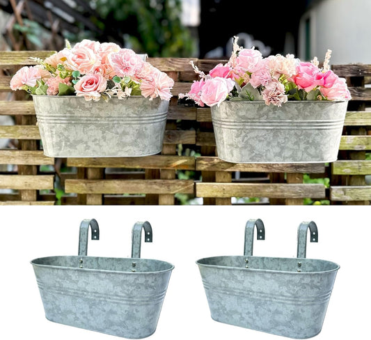 LaLaGreen Outdoor Rail Planter (11.2 Inch, 2 Pack) Silver Metal Iron Hanging Flower Pots Deck Railings Fence Buckets Modern Countryside Boho Style Wall Mount Window Box Plant Holder Hooks Porch Decor