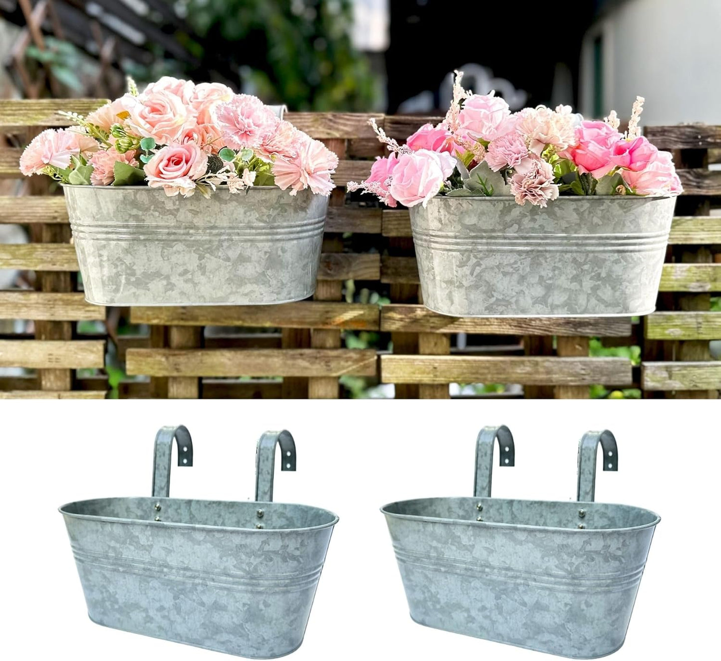 LaLaGreen Outdoor Rail Planter (11.2 Inch, 4 Pack) Silver Metal Iron Hanging Flower Pots Deck Railings Fence Buckets Modern Countryside Boho Style Wall Mount Window Box Plant Holder Hooks Porch Decor