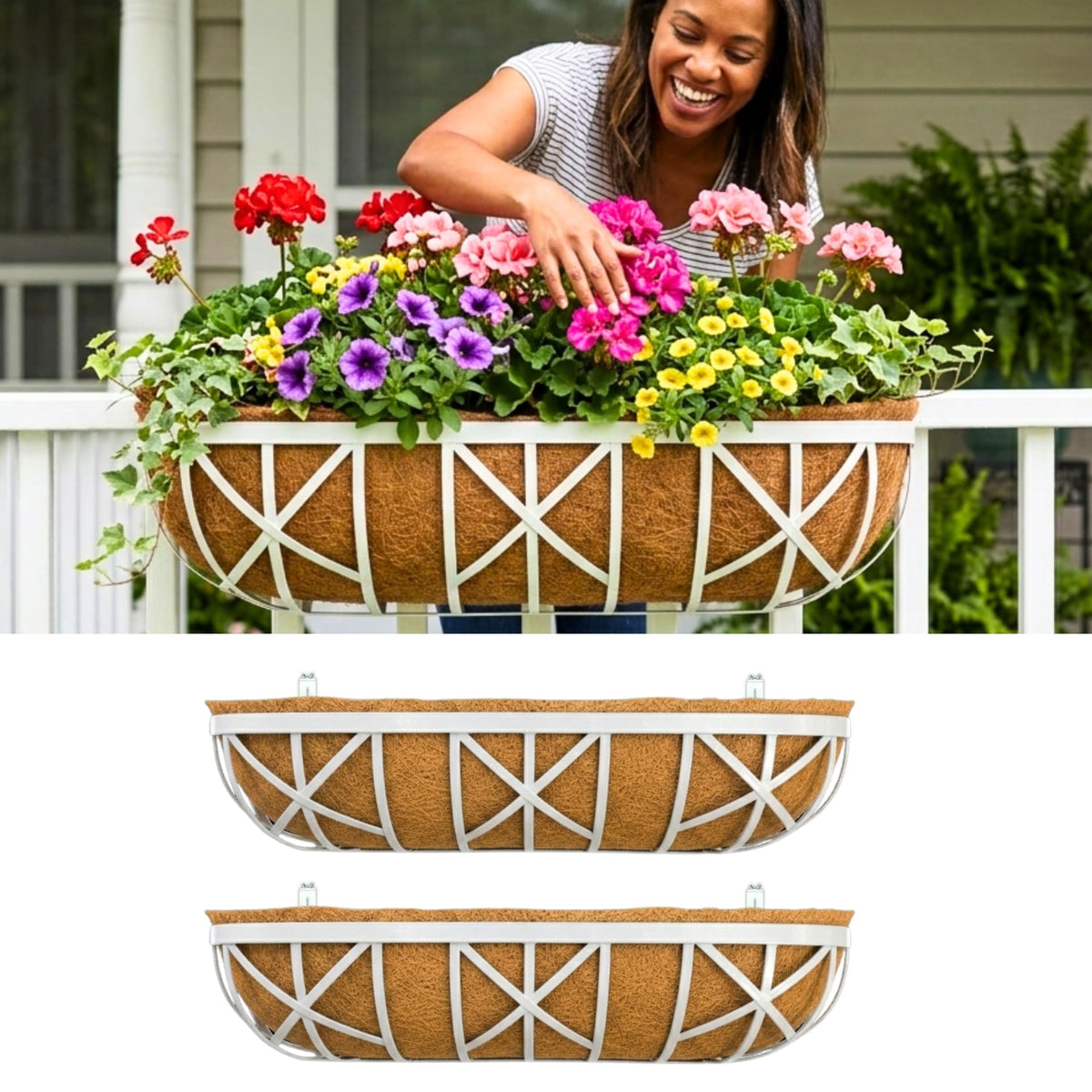 LaLaGreen Outdoor Railing Planter Box (30 Inch, 2 Pack) White Metal Coco Hanging Basket Planters Boxes with Adjustable Mount Brackets, Attach for Fence, Flower Pot Wall, Balcony Garden & Railscapes