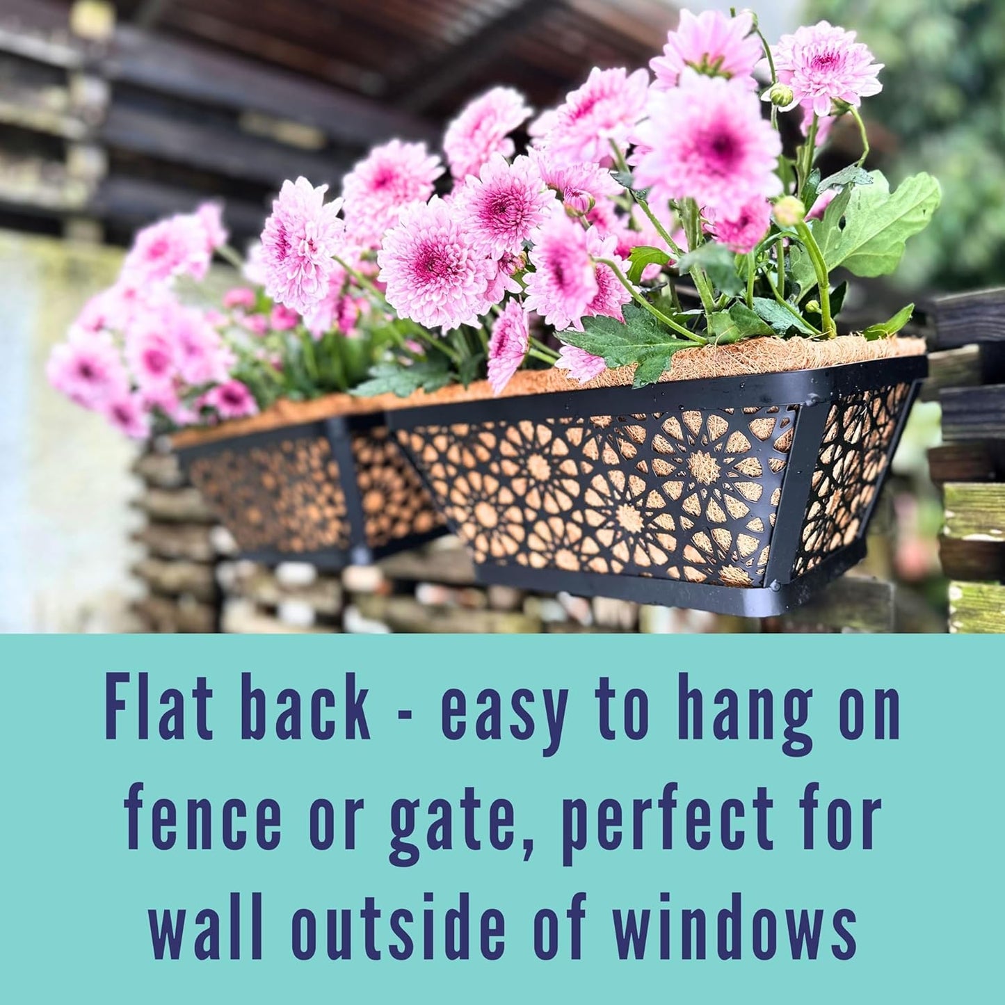 LaLaGreen Window Boxes Planters for Outdoor Plants (4 Pack, 12 Inch) Small and Cute Black Metal Fence Hanging Flower Box Basket with Coco Liner Unique Horse Troughs Balcony Garden Pot Patio Porch Rail