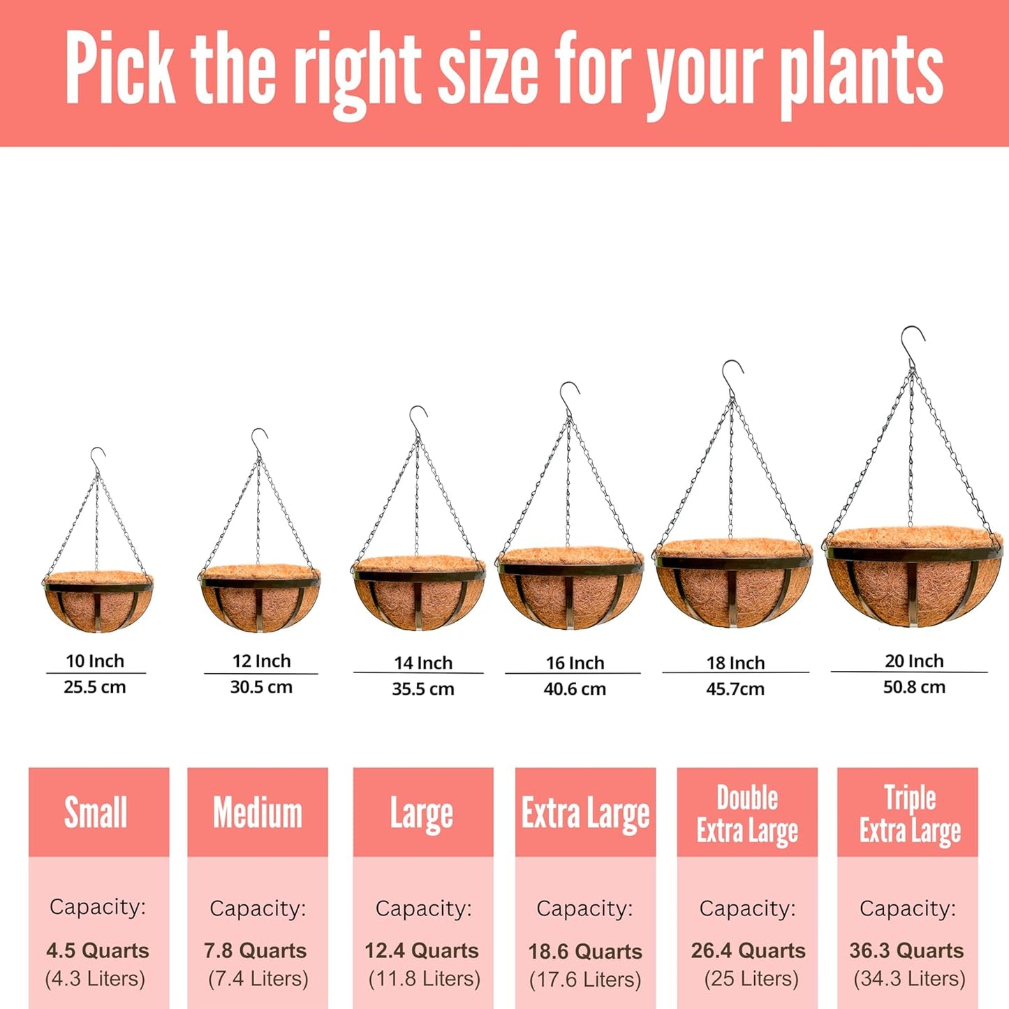 LaLaGreen Outdoor Hanging Baskets for Plants (2 Pack, 20 Inch) Extra Large Black Metal Flat Iron Hanging Planters with Coco Liner Round Flower Pot Holder Hanger Deck Porch Modern Garden Balcony Decor