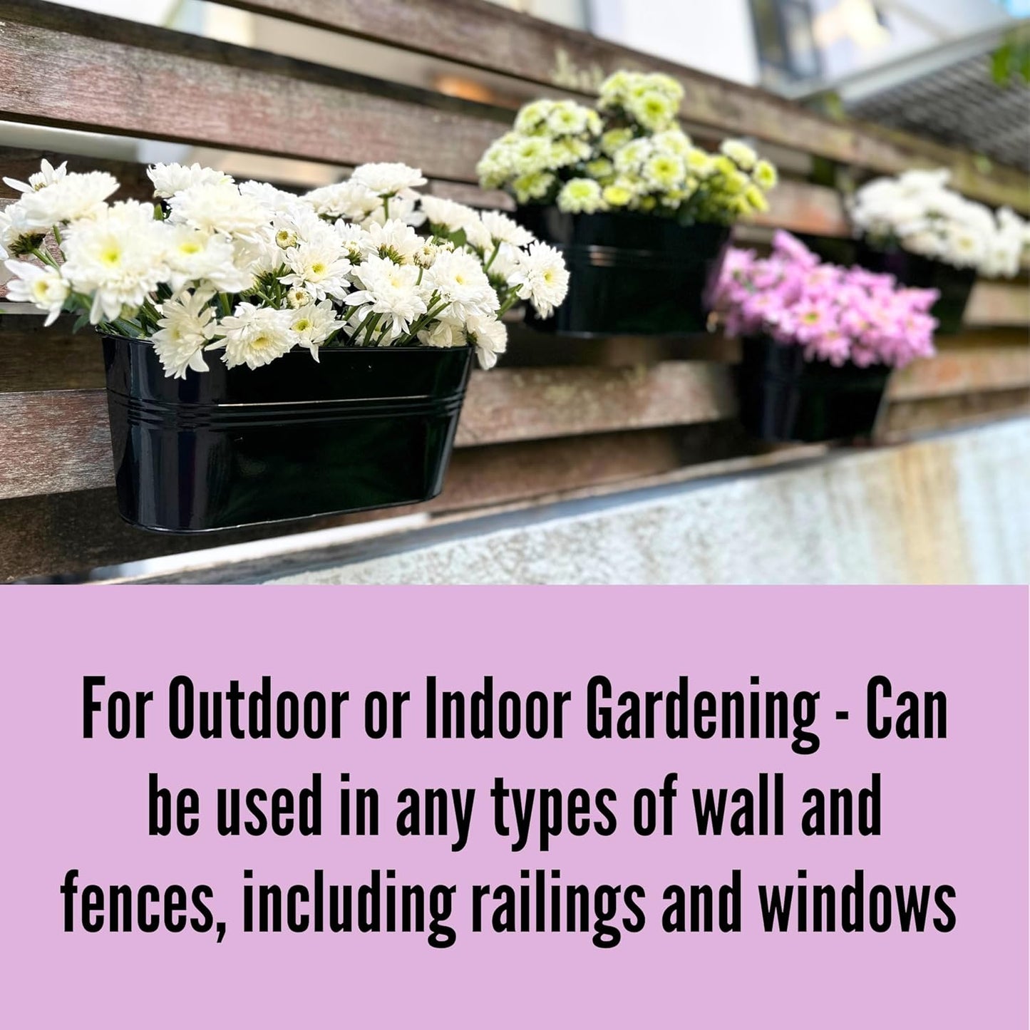 LaLaGreen Window Boxes Planters (5 Pack, 9.8 Inch) Small and Cute Black Metal Iron Hanging Flower Pots, Deck Railings Outdoor Fence Buckets Boho Style Wall Mount Plant Holder Hooks Porch Garden Decor