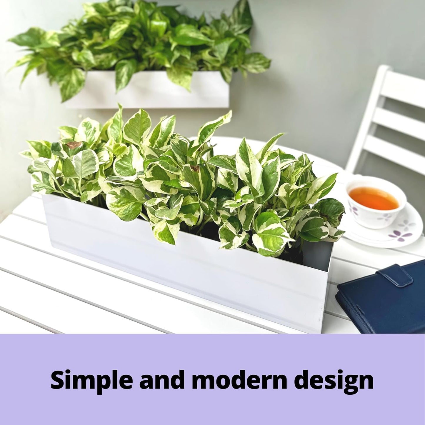 LaLaGreen Wall Planter (16 Inch, 2 Pack) Carbon Steel White Metal Hanging Flower Pot for Succulents, Wall Mount Rectangular Window Sill Box Fence Floating Garden Shelf for Deck Indoor Outdoor Decor