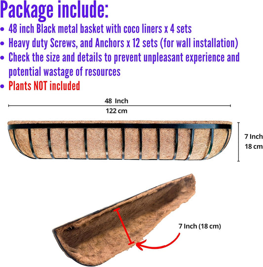 LaLaGreen Wall Hanging Planters (48 Inch, 4 Pack) Long Window Flower Box Planter with Coco Liner, Black Metal Rectangular Outdoor Plants Attach to House Horse Trough Fence Balcony Garden Porch Patio