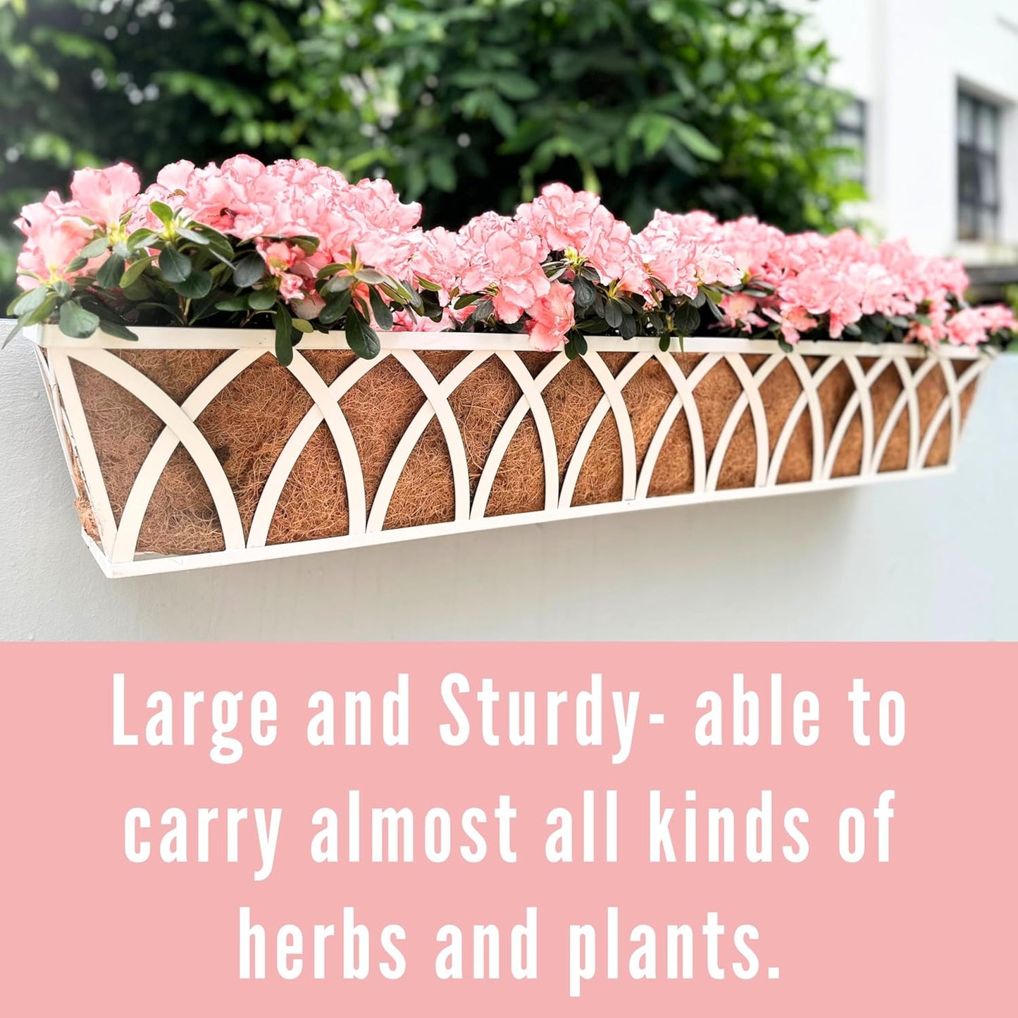 LaLaGreen Deck Railing Planter (2 Pack, 48") Extra Large Wall Mounted Hanging Planters with Coco Liner, White Metal Rectangular Window Box for Outdoor Plants Garden Fence Balcony Porch Patio Decor