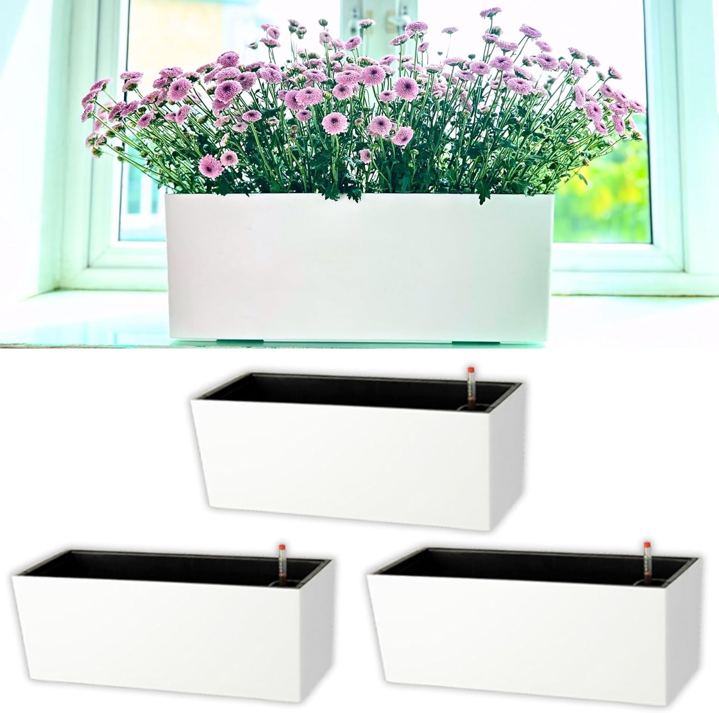 LaLaGreen Planter Box for Indoor Plants (3 Pack, 14 Inch) White Rectangular Self Watering Flower Pot, Large Window Boxes Planters with Drainage Decorative Modern Balcony Windowsill Herbs Home Garden