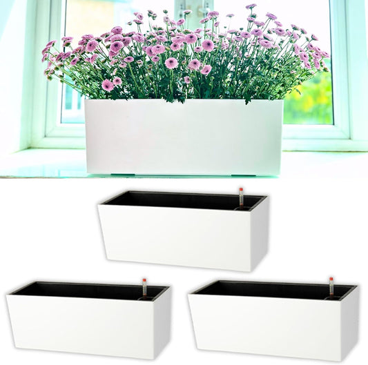 LaLaGreen Planter Box for Indoor Plants (3 Pack, 14 Inch) White Rectangular Self Watering Flower Pot, Large Window Boxes Planters with Drainage Decorative Modern Balcony Windowsill Herbs Home Garden