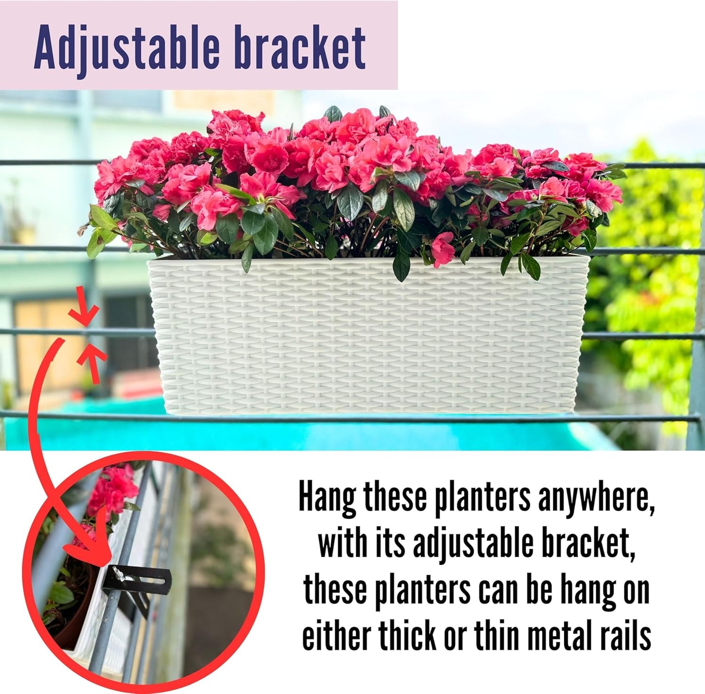 LaLaGreen Deck Railing Planter Box (4 Pack, 20 Inch) White Rectangular Window Flower Boxes with Bracket, Self Watering System Hanging Planter Box for Outdoor Plant Container Herb Rail Fence Balcony