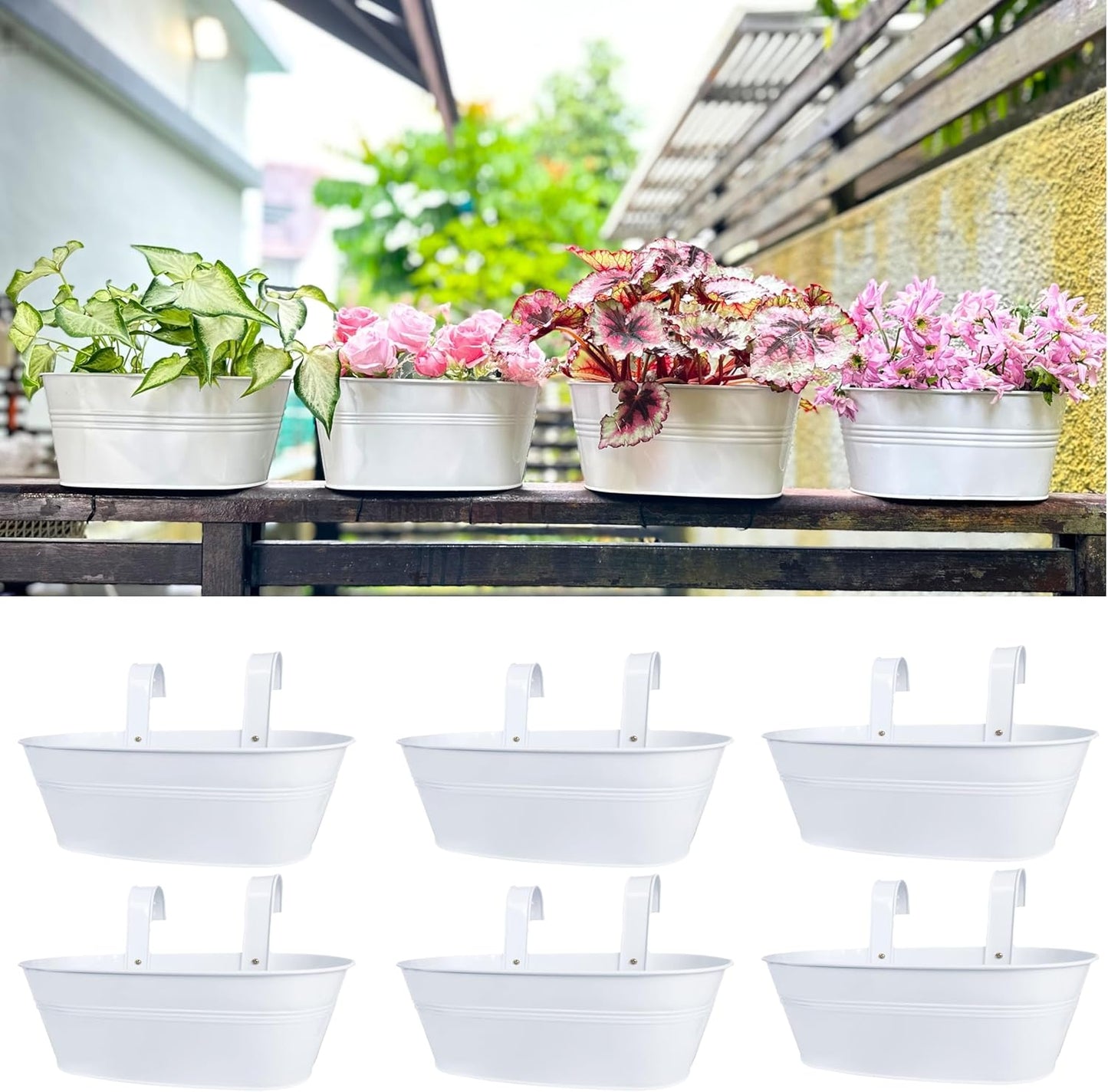 LaLaGreen Outdoor Plants Rail Planter (2 Pack, 15 Inch) White Metal Iron Hanging Flower Pot Deck Railing Fence Bucket Modern Boho Style Wall Mount Window Box Plant Holder Hooks Porch Herb Garden Decor