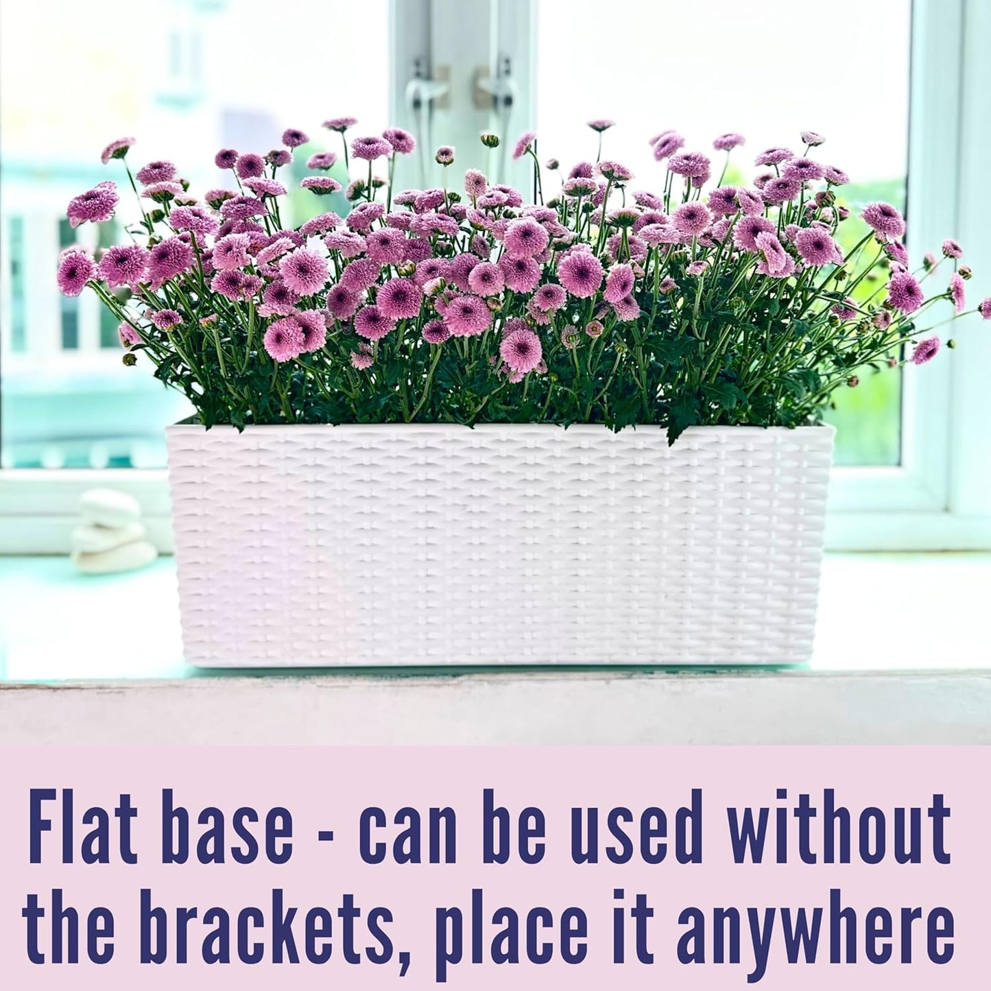 LaLaGreen Outdoor Rail Planter for Balcony - (2 Pack, 20 Inch) Large White Railing Planters with Brackets, Rectangular Plastic Deck Fence Modern Window Flower Box, Designer Choice with Rattan Pattern