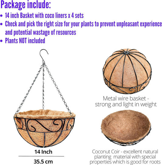 LaLaGreen Hanging Planter for Outdoor Plants (14 Inch, 4 Pack) Hanging Baskets with Coco Liner, Black Metal Wire Flower Basket Pots with Hook Hanger Balcony Porch Farmhouse Country Style Garden Decor