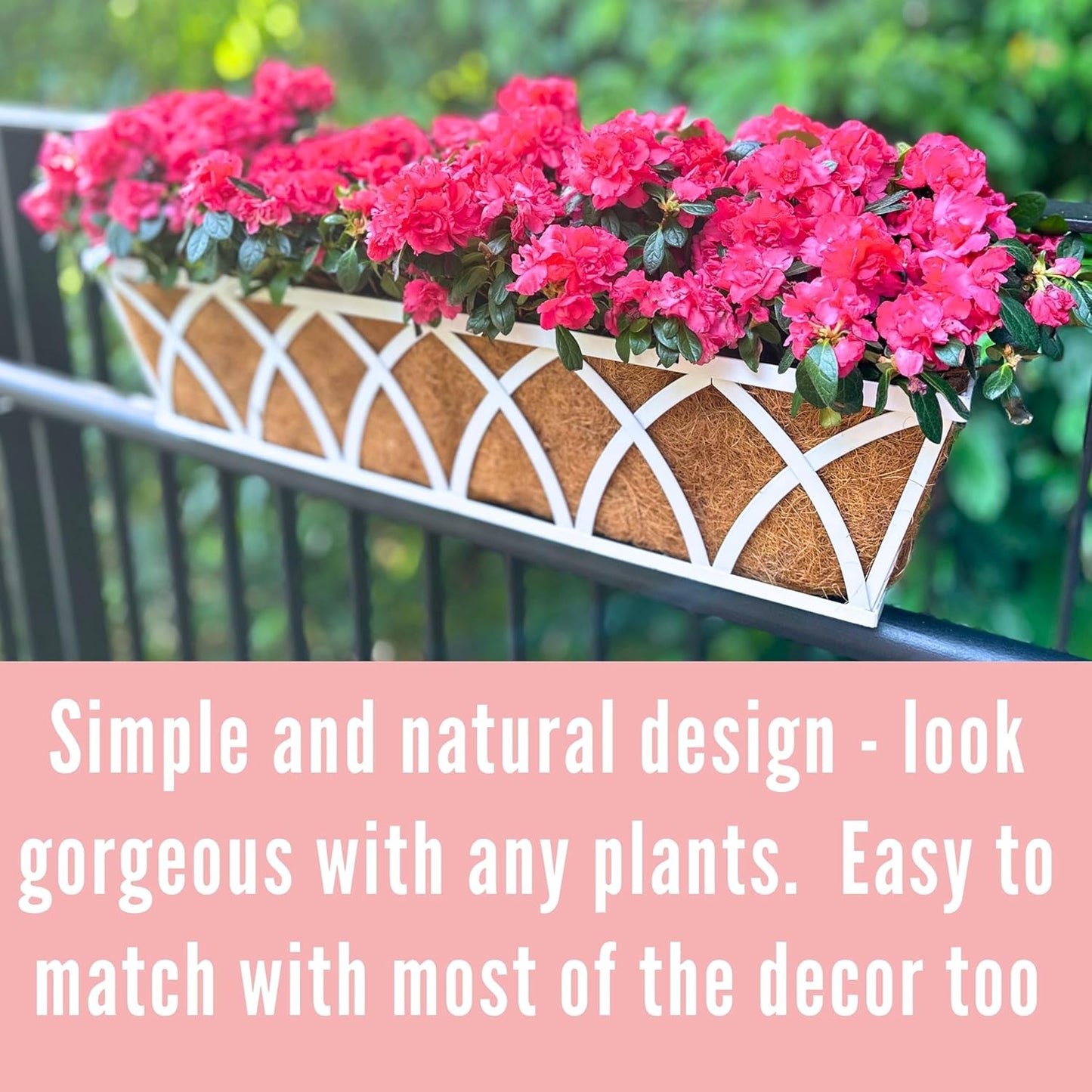 LaLaGreen Railing Planter Boxes (2 Pack, 24 Inch) White Metal Rectangular Window Flower Box with Coco Liner, Hanging Planters for Outdoor Plants Holder Deck Rail Fence Balcony Patio Porch Garden Decor