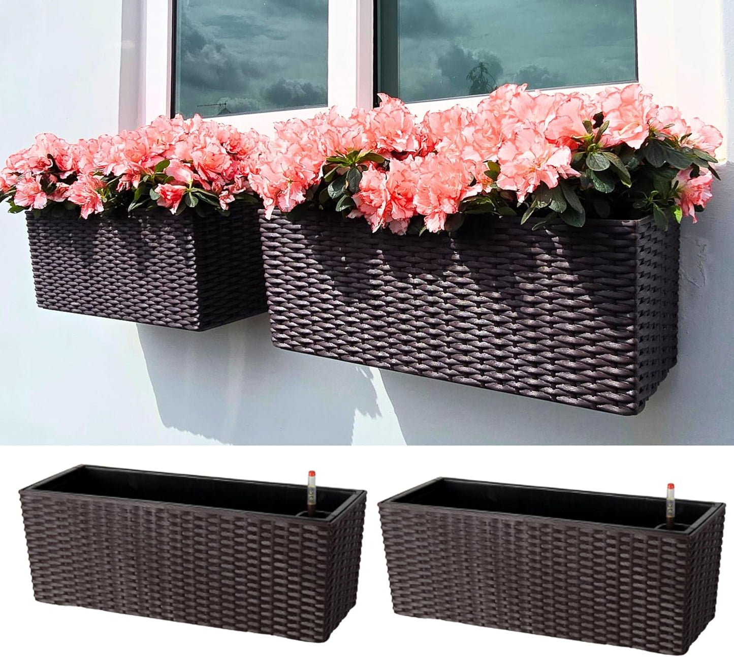LaLaGreen Wall Planters Outdoor (20 Inch, 4 Pack) Brown Rectangular Window Flower Boxes with Brackets Self Watering System, Vertical Wall Mounted Plant Pot Container Herb Garden Balcony Indoor Decor