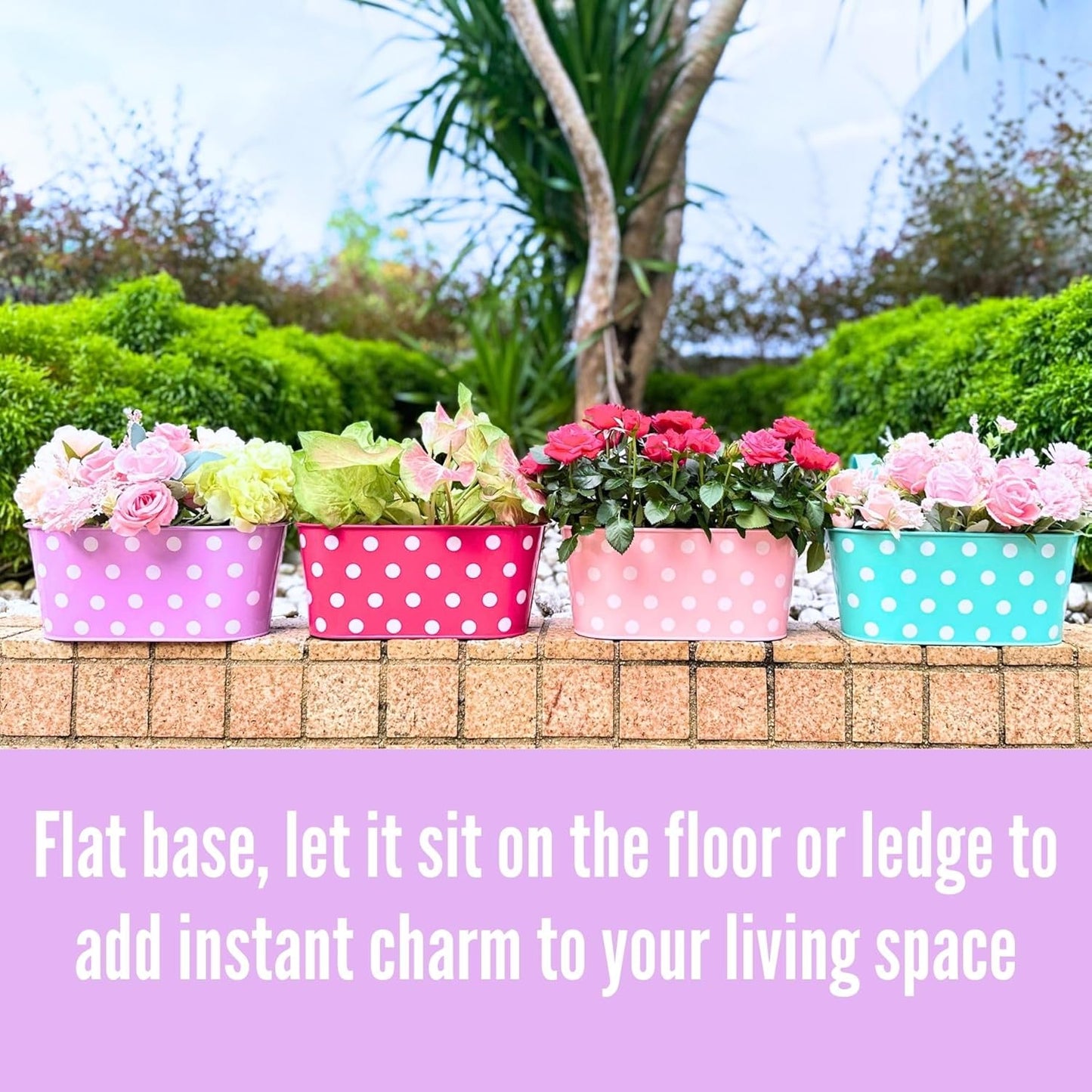 LaLaGreen Rail Planter for Deck Railing (11.2 Inch, 6 Pack) Colorful Metal Iron Hanging Flower Pots, Polka Dot and Strawberry Fence Garden Cute Balcony Box Plant Holder with Hooks Bucket Hang Porch