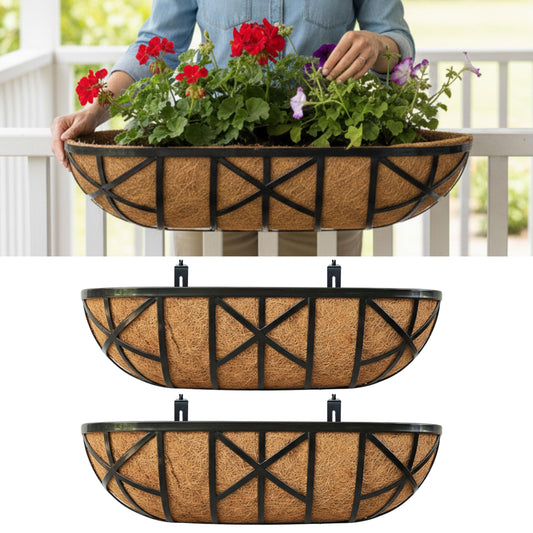 LaLaGreen Cross Metal Railing Planter Boxes with Coco Liners and Adjustable Brackets