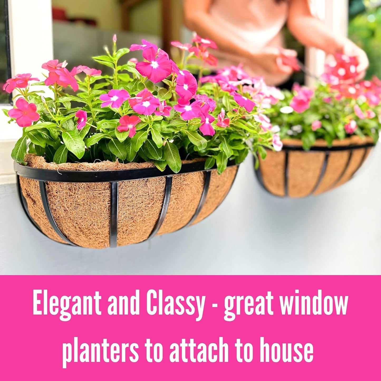 LaLaGreen Wall Planters - 16 Inch, 2 Pack Deck Railing Planter Boxes for Outdoor Plants, Window Flower Box with Coco Liners Metal Horse Troughs Fence Balcony Garden Herb Pot Patio Porch Over Rail