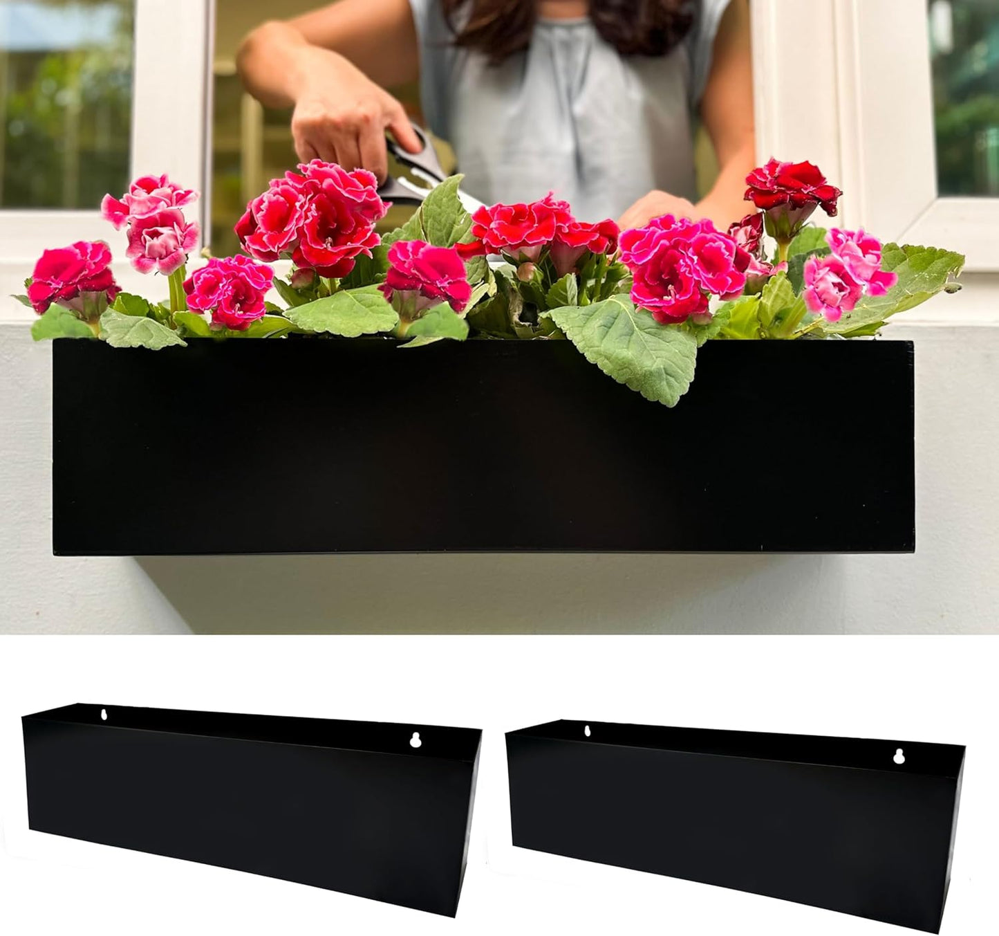 LaLaGreen Wall Planter (16 Inch, 2 Pack) Rectangular Metal Hanging Flower Pot for Succulents Carbon Steel Black, Long Window Sill Box Modern Fence Floating Garden Shelf for Deck Indoor Outdoor Decor