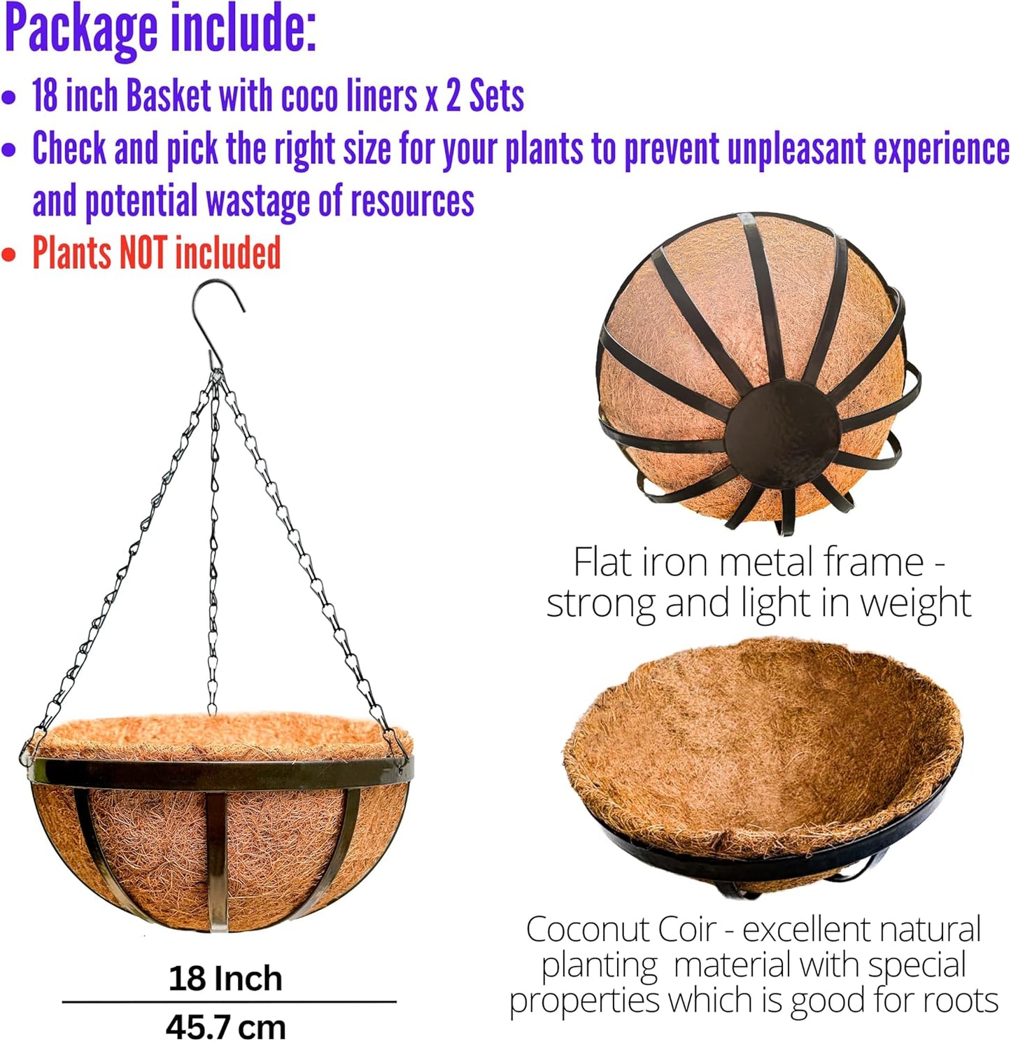 LaLaGreen Outdoor Hanging Baskets for Plants (2 Pack, 18 Inch) Extra Large Black Metal Flat Iron Hanging Planters with Coco Liner Round Flower Pot Holder Hanger Deck Porch Modern Garden Balcony Decor