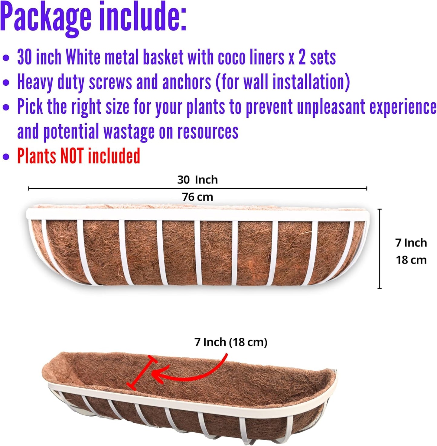 LaLaGreen Outoor Planter Boxes (30 Inch, 2 Pack) White Metal Deck Railings Flower Box with Coco Liners, Rectangular Hanging Planters for Window Plant Horse Trough Fence Balcony Garden Herb Porch Patio