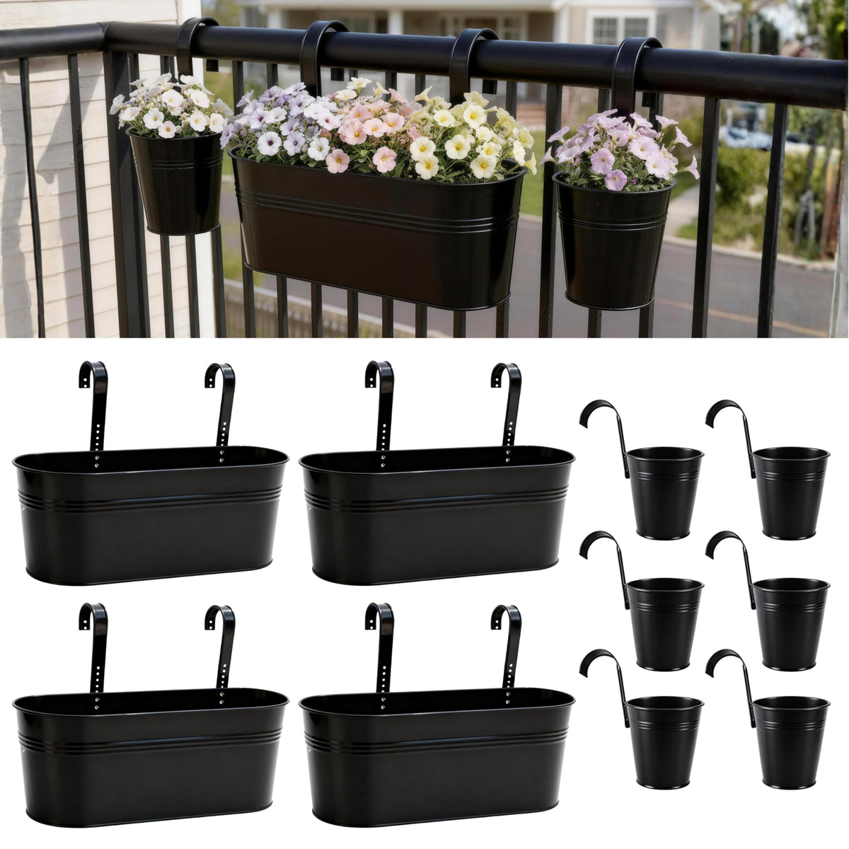 LaLaGreen Oval and Round Metal Railing Planter Combo