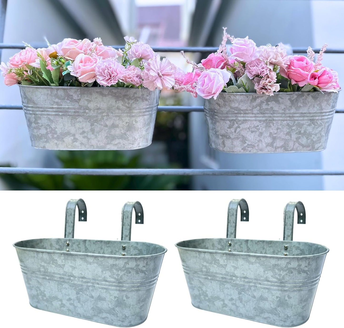 LaLaGreen Outdoor Plants Rail Planter (16 Inch, 4 Pack) Silver Metal Iron Hanging Flower Pot Deck Railings Fence Bucket Modern Boho Style Wall Mount Window Box Plant Wall Hanger Hooks Porch Home Decor