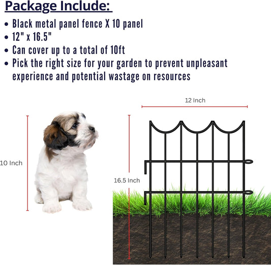 ShopLaLa Decorative Garden Fence (10 Panels) 12in(L) x 16.5in(H) Black Metal Wire Rustproof Animal Barrier Small Fences, Flower Edging for Landscape Patio Outdoor Decor, Yard Pet Gate No Dig D-H16.5