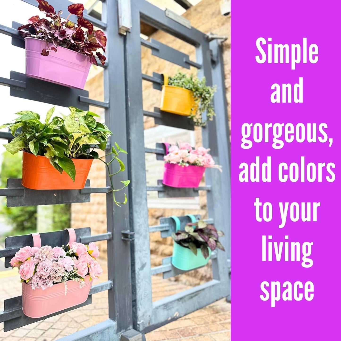 LaLaGreen Outdoor Hanging Planter (11.2 Inch, 6 Pack) Light Pink, Light Purple, Turquoise, Neon Pink, Yellow, Orange Metal Iron Window Box Flower Pot Deck Railings Fence Buckets Porch Garden Decor