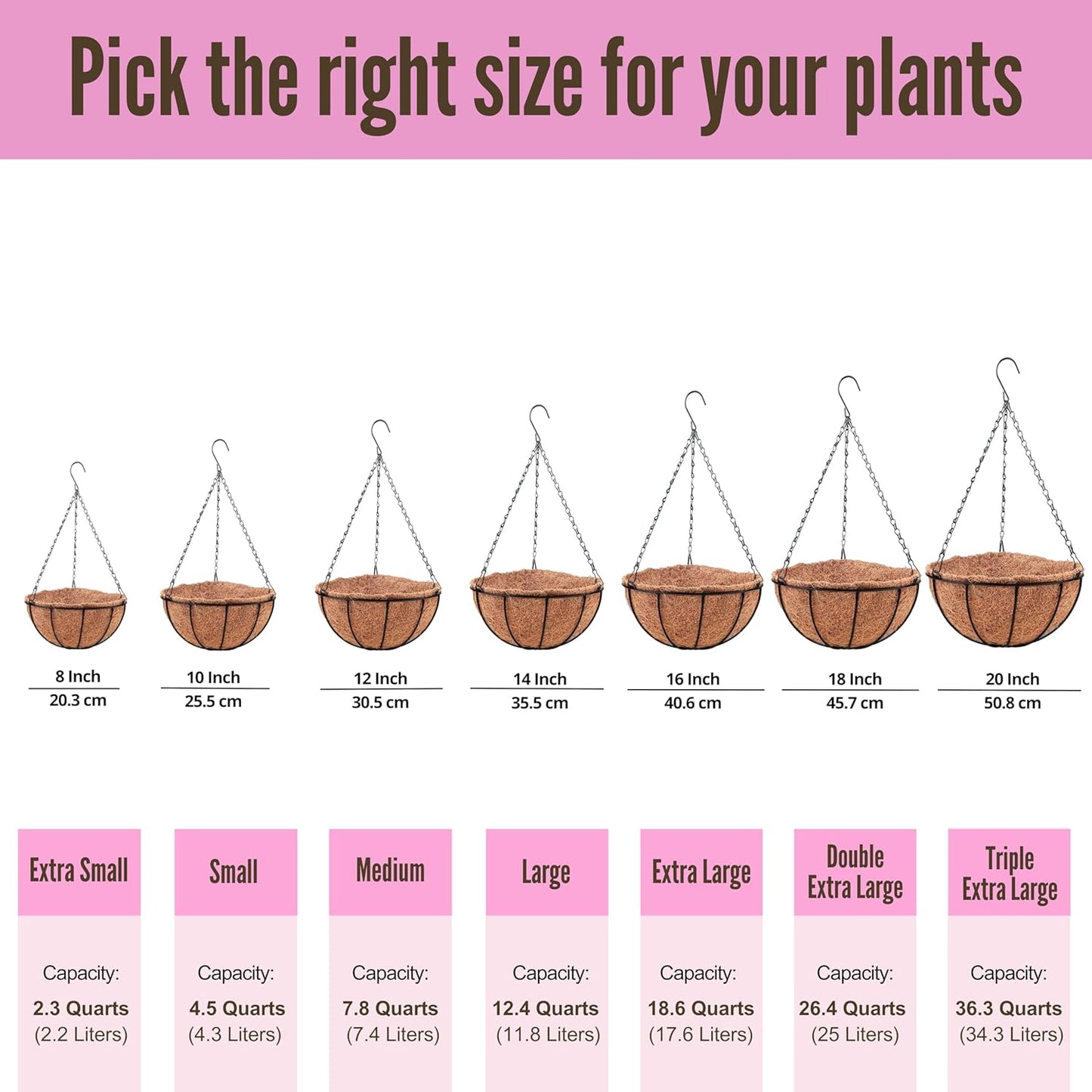 LaLaGreen Hanging Baskets for Plant Outdoor (16 Inch, 6 Pack) Extra Large Hanging Planter with Coco Liner Black Metal Wire Round Flower Pot Holder Hang Deck Porch Garden Balcony Natural Country Decor