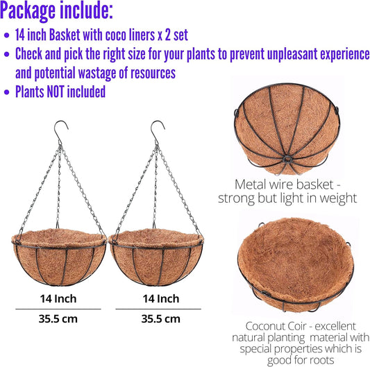 LaLaGreen Hanging Baskets for Outdoor Plants (14 Inch, 2 Pack) Large Hanging Planter with Coco Liner Round Flower Pots, Black Metal Wire Plant Holder Hook Deck Porch Modern Garden Balcony Boho Decor