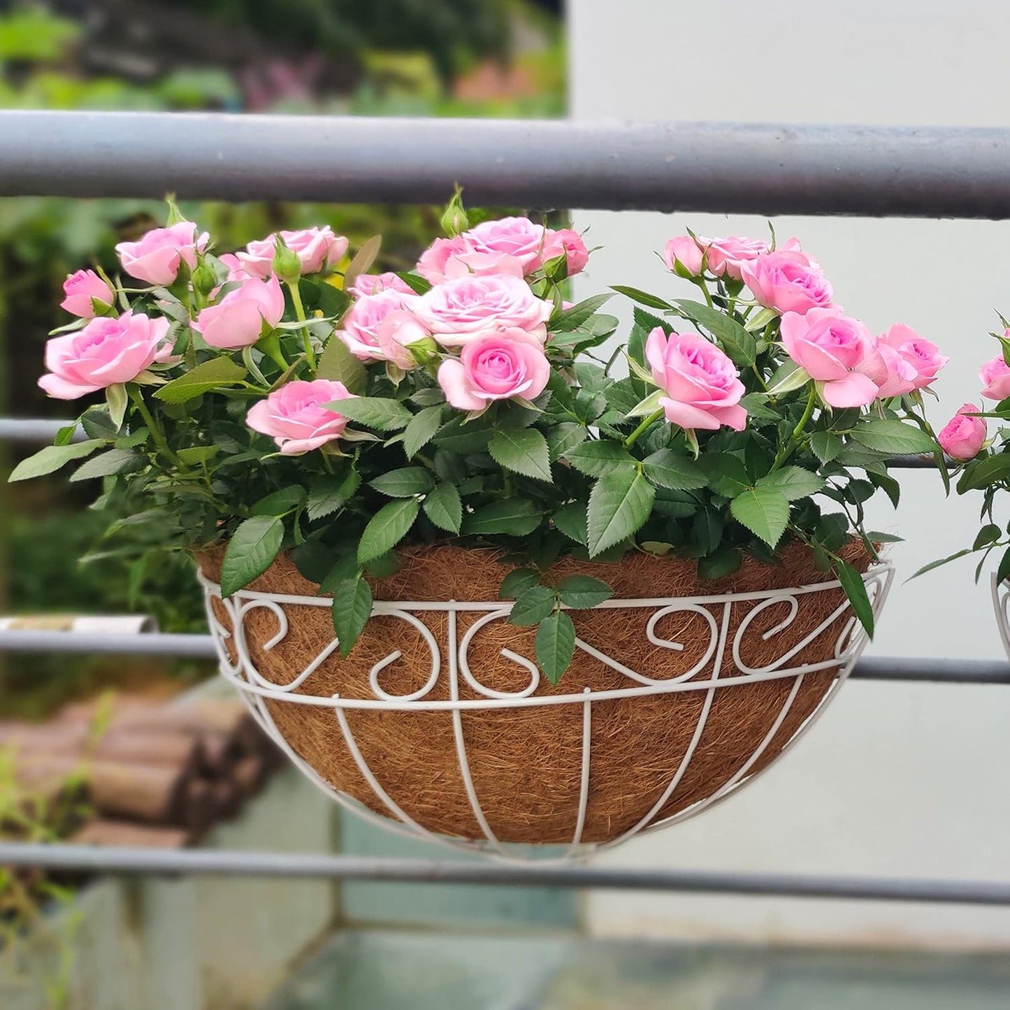 LaLaGreen Wall Mounted Flower Baskets (2 Pack, 16 Inch) Extra Large Deck Rail Hanging Planters with Coco Liner for Outdoor Plants White Metal Wire Herb Pots Holder Fence Railing Porch Patio Garden