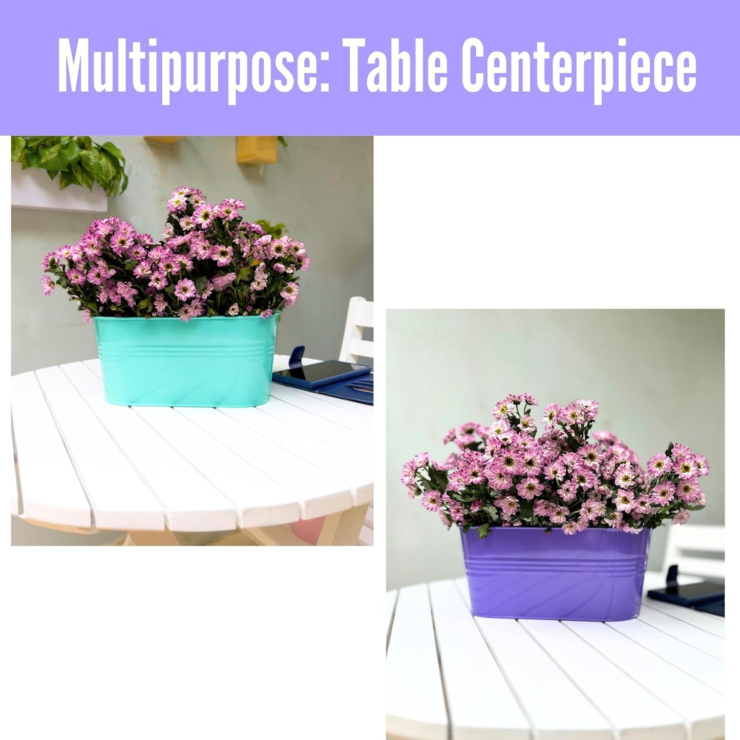 LaLaGreen Outdoor Hanging Planter (11.2 Inch, 6 Pack) Light Pink, Light Purple, Turquoise, Light Blue, Dark Purple, Cadet Blue Metal Iron Window Box Flower Pot Deck Railings Fence Porch Garden Decor