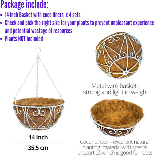 LaLaGreen Hanging Baskets for Plants (4 Pack, 14 Inch) Hanging Flower Pots with Coco Liner, White Metal Wire Round Basket Plant Holder with Hanger Hook Chain Outdoor Deck Patio Balcony Garden Decor