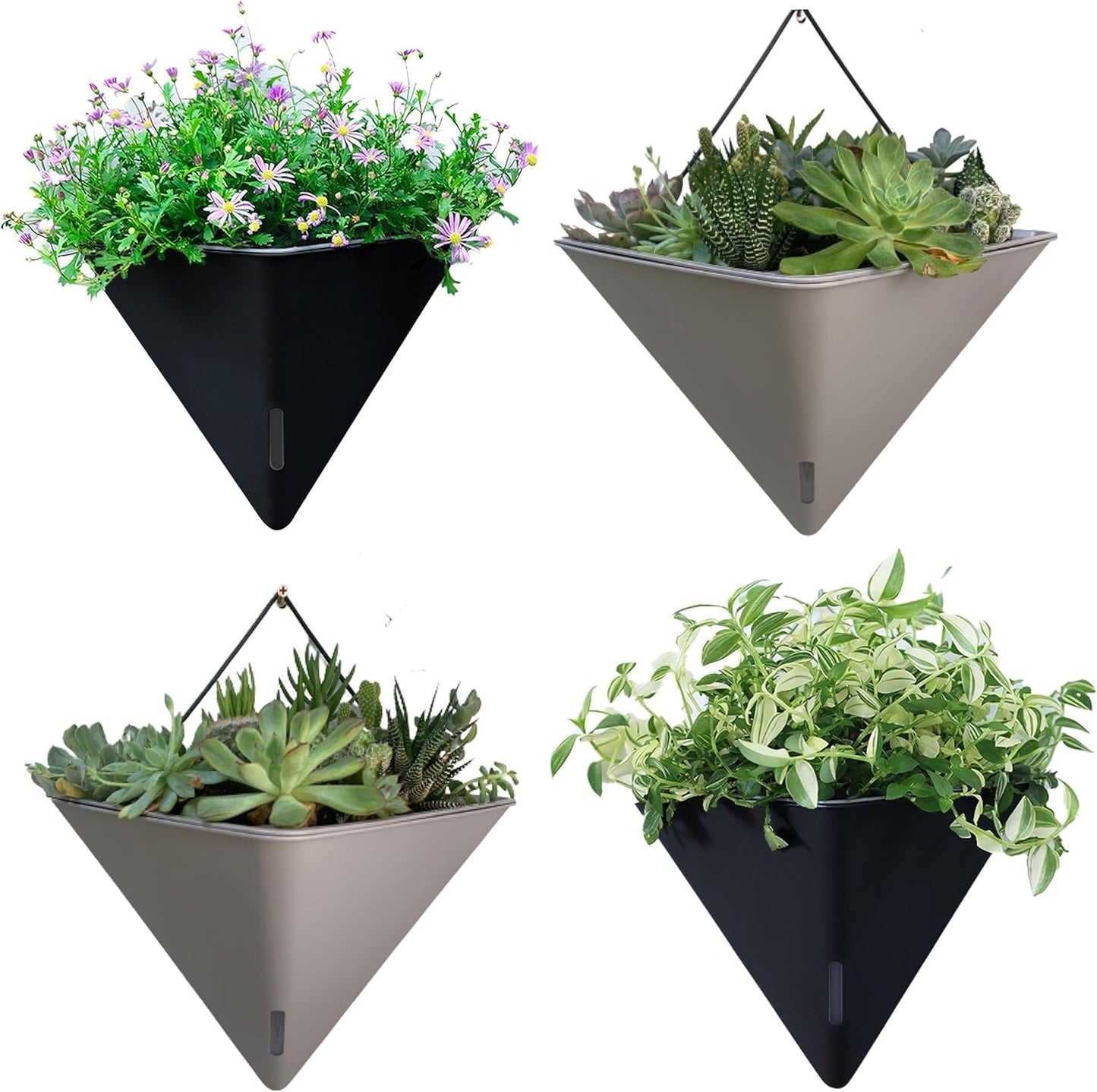 LaLaGreen Wall Planters - 4 Pack, 12 Inch Large Self Watering Black and Gray Mixed Color Geometric Indoor Vertical Garden Plant Wall Hanging Flower Vase Vessel with Black Metal Hanger Modern Stylish