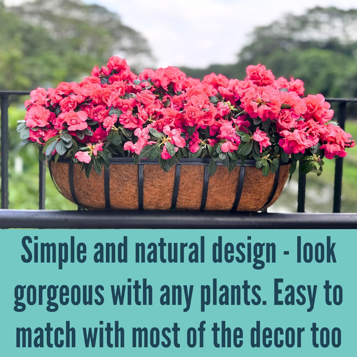 LaLaGreen Deck Railing Planter Boxes (16 Inch, 2 Pack) Black Metal Rectangular Hanging Planters with Coco Liner, Adjustable Flower Planter Box Brackets for Plants Fence Balcony Patio Porch Over Rail
