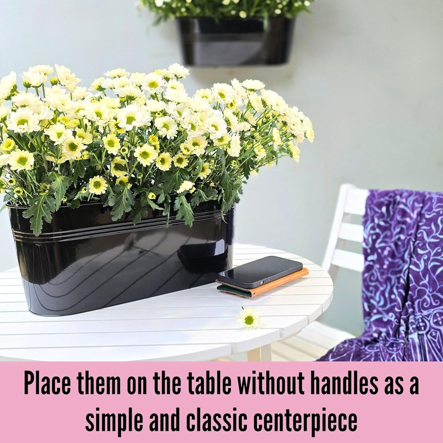 LaLaGreen Deck Railing Planter Box (17 Inch, 2 Pack) Large Black Metal Window Flower Boxes Outdoor, Wall Hanging Planters Plant Holder Hooks Fence Rail Bucket Modern Countryside Boho Style Patio Porch