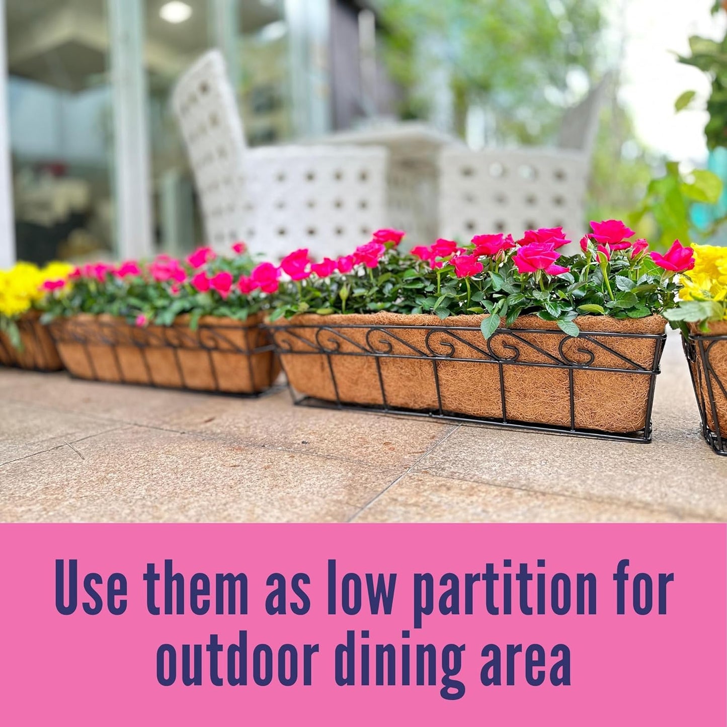 LaLaGreen Large Window Flower Boxes - 2 Pack, 24 Inch Balcony Planter, Deck Railing Planters with Coco Liners Outdoor Wall Pot Plant Holder, Black Metal Horse Trough Fence Patio Porch Over Rail Decor