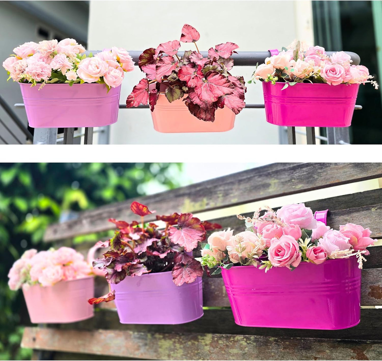 LaLaGreen Outdoor Hanging Planter (11.2 Inch, 6 Pack) Light Pink, Light Purple, Turquoise, Neon Pink, Yellow, Orange Metal Iron Window Box Flower Pot Deck Railings Fence Buckets Porch Garden Decor