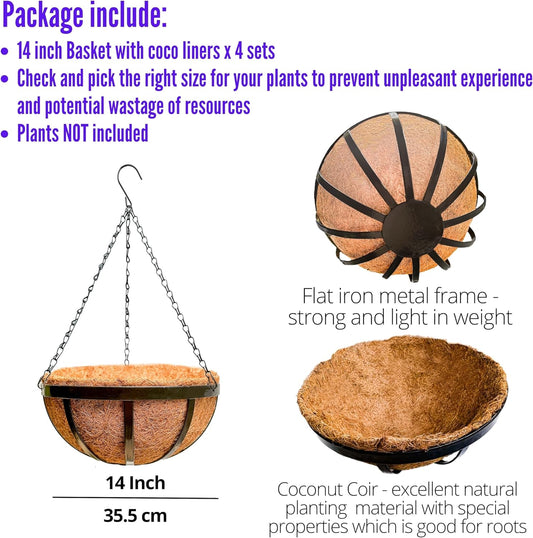 LaLaGreen Outdoor Hanging Baskets for Plants (4 Pack, 14 Inch) Large Hanging Planter with Coco Liner, Round Plant Flat Iron Metal Flower Pots for Deck Patio Porch Garden Balcony Outside Decoration