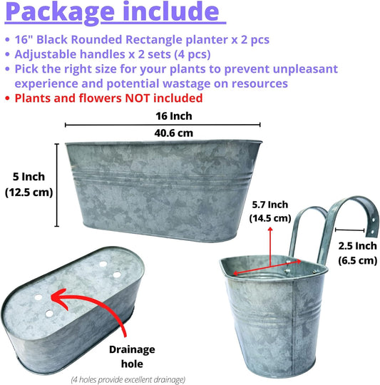 LaLaGreen Outdoor Plants Rail Planter (16 Inch, 4 Pack) Silver Metal Iron Hanging Flower Pot Deck Railings Fence Bucket Modern Boho Style Wall Mount Window Box Plant Wall Hanger Hooks Porch Home Decor