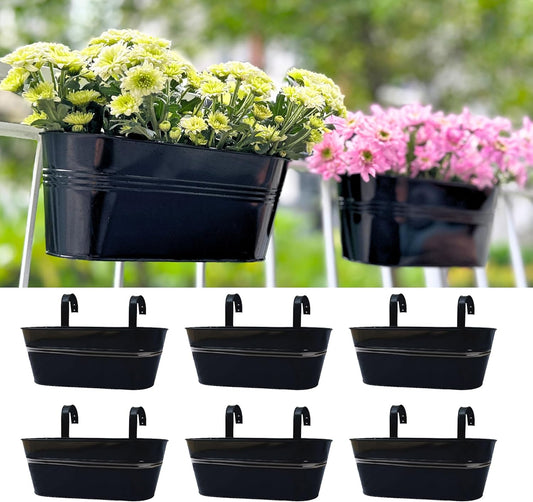 LaLaGreen Deck Railing Planter Box (17 Inch, 6 Pack) Large Black Metal Window Flower Boxes Outdoor, Hanging Planters Plant Holder Hooks Fence Rail Buckets Garden Boho Style Wall Mount Porch Herb Decor