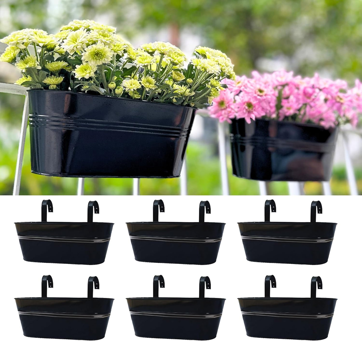 LaLaGreen Deck Railing Planter Box (17 Inch, 6 Pack) Large Black Metal Window Flower Boxes Outdoor, Hanging Planters Plant Holder Hooks Fence Rail Buckets Garden Boho Style Wall Mount Porch Herb Decor