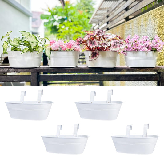 LaLaGreen Planter Boxes for Outdoor (4 Pack, 17 Inch) White Metal Deck Railing Hanging Flower Pots, Large Window Box Plant Holder Hooks Fence Rail Buckets Herb Boho Style Wall Mount Porch Garden Decor