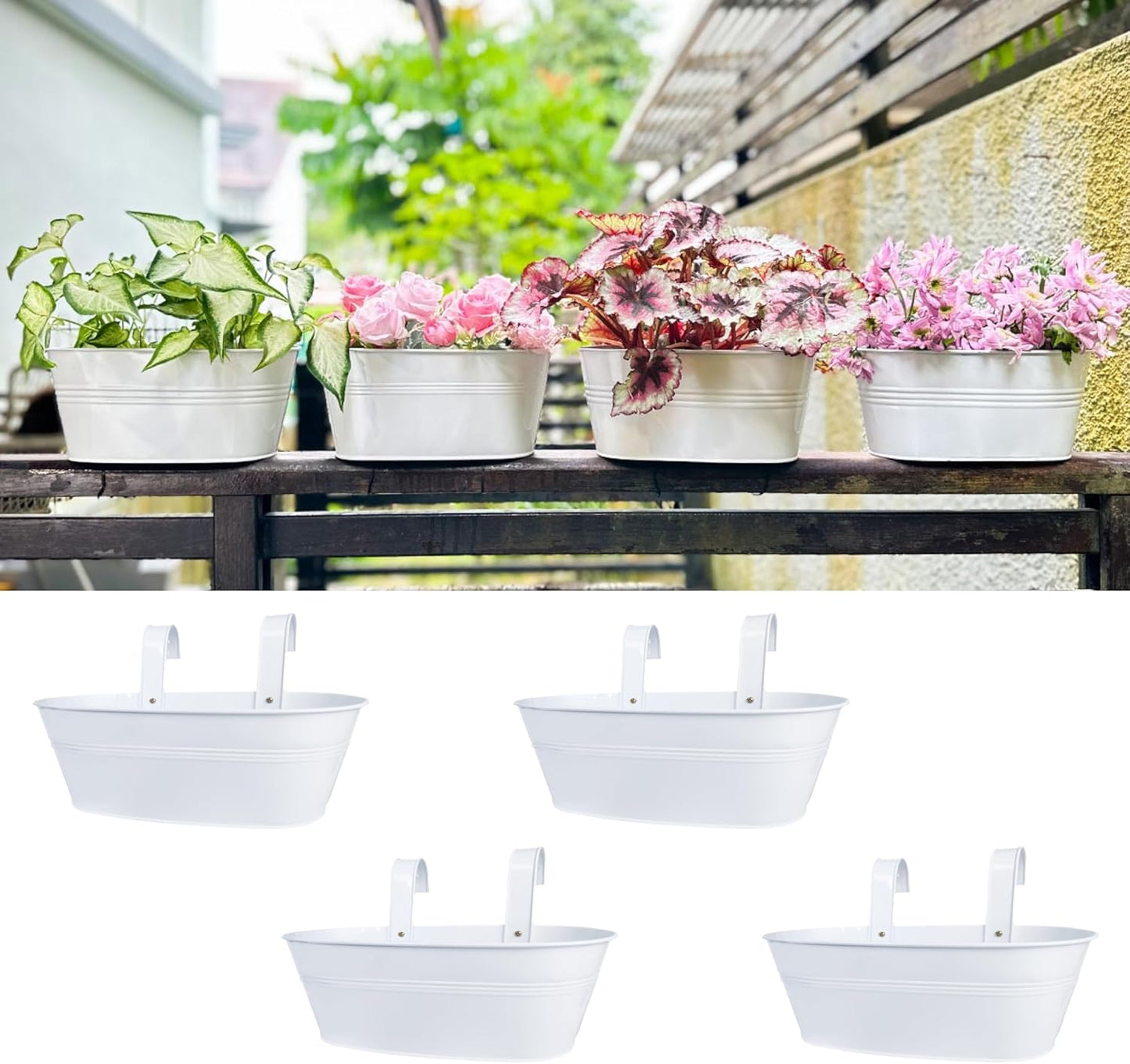 LaLaGreen Planter Boxes for Outdoor (6 Pack, 17 Inch) White Metal Deck Railing Hanging Flower Pots, Large Window Box Plant Holder Hooks Fence Rail Buckets Modern Herb Boho Style Wall Mount Porch Decor