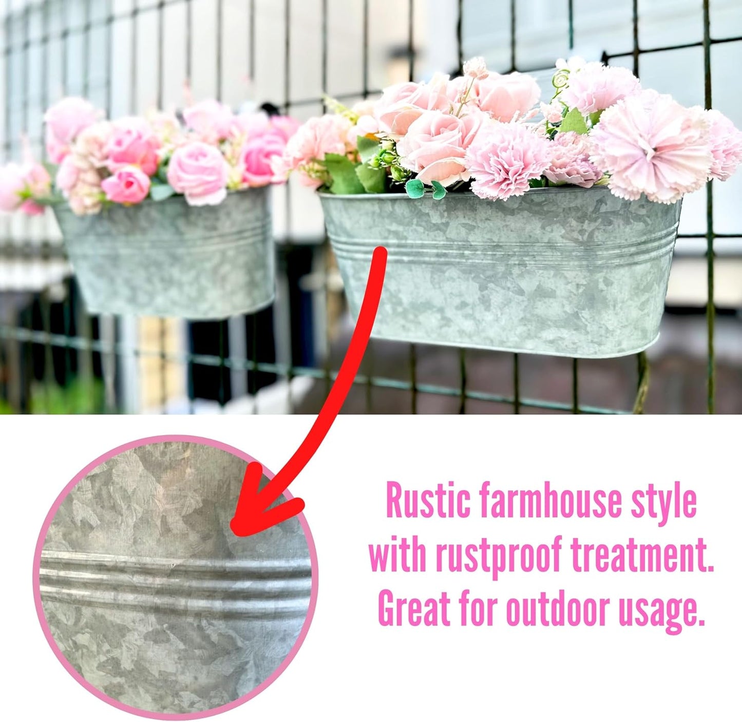 LaLaGreen Outdoor Plants Rail Planter (16 Inch, 4 Pack) Silver Metal Iron Hanging Flower Pot Deck Railings Fence Bucket Modern Boho Style Wall Mount Window Box Plant Wall Hanger Hooks Porch Home Decor