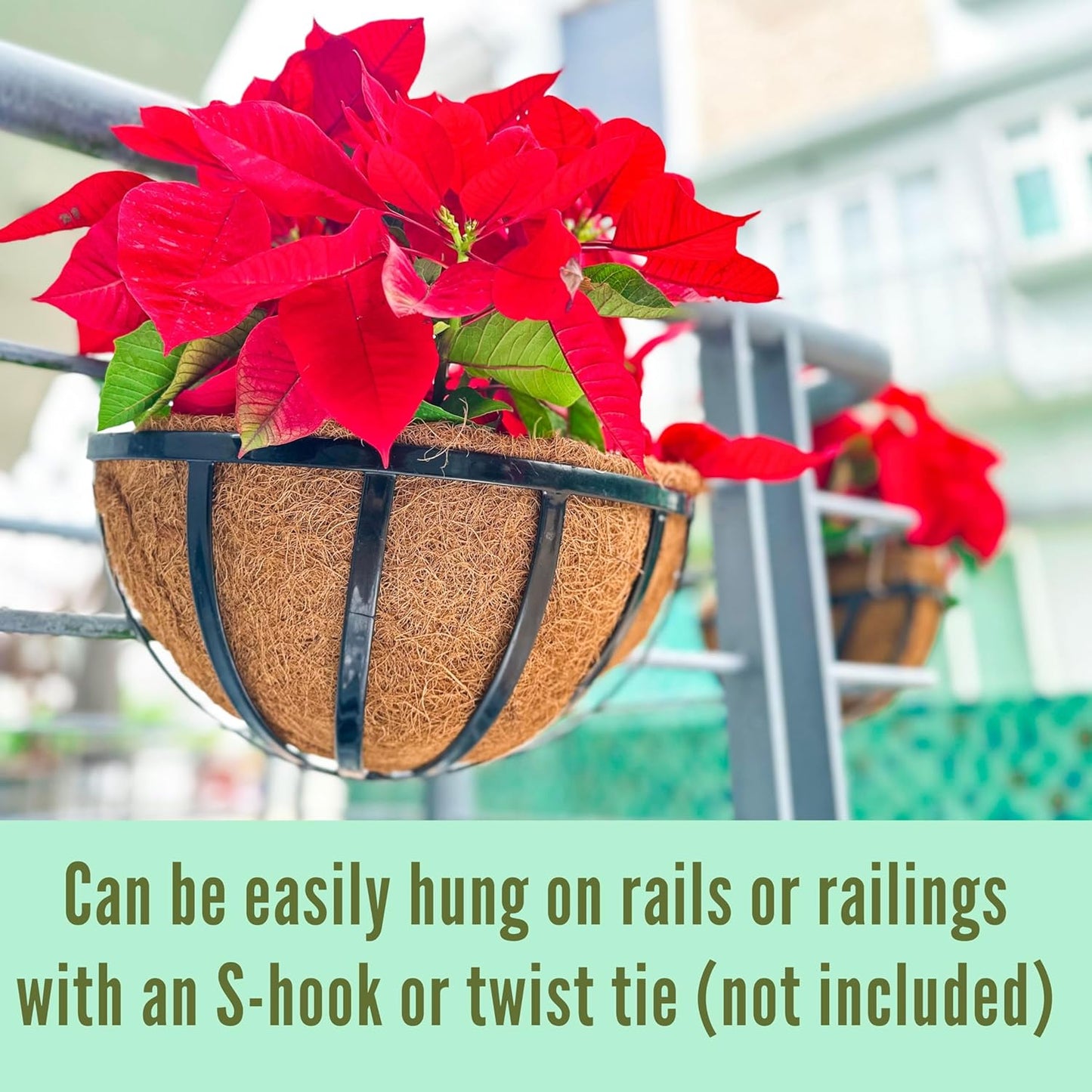 LalaGreen Wall Planters (2 Pack, 14 Inch) Black Metal Deck Railing Planter Boxes with Coco Liners, Window Basket Hanging Flower Pot for Outdoor Plants, Modern Horse Trough Fence, Balcony, Patio Porch