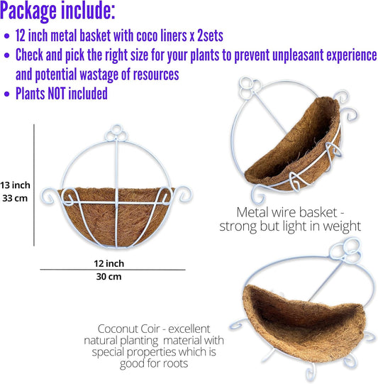 ShopLaLa Wall Hanging Planter for Outdoor (2 Pack, 12 Inch) White Metal Wall Mounted Flower Baskets with Coco Liner Fence Railings Plant Pots Holder Balcony Deck Porch Decoration Garden Outside Decor