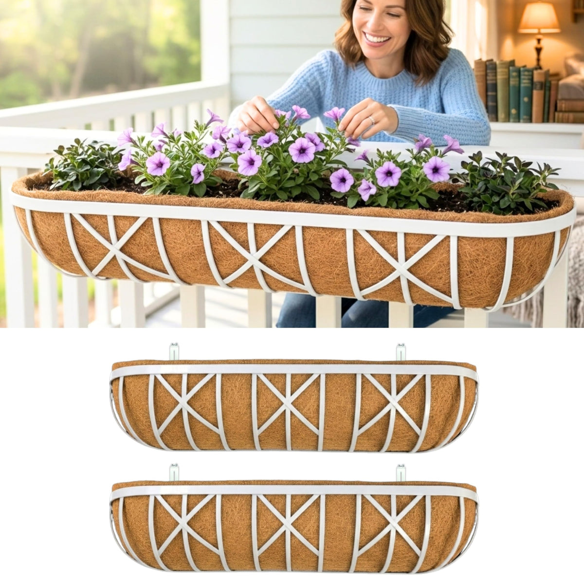 LaLaGreen Hanging Baskets for Railing (36 Inch, 2 Pack) Outdoor Patio Metal Coco White Hanging Basket Planter Boxes with Adjustable Mount Brackets, Attach for Fence, Balcony Garden & Railscapes Deck