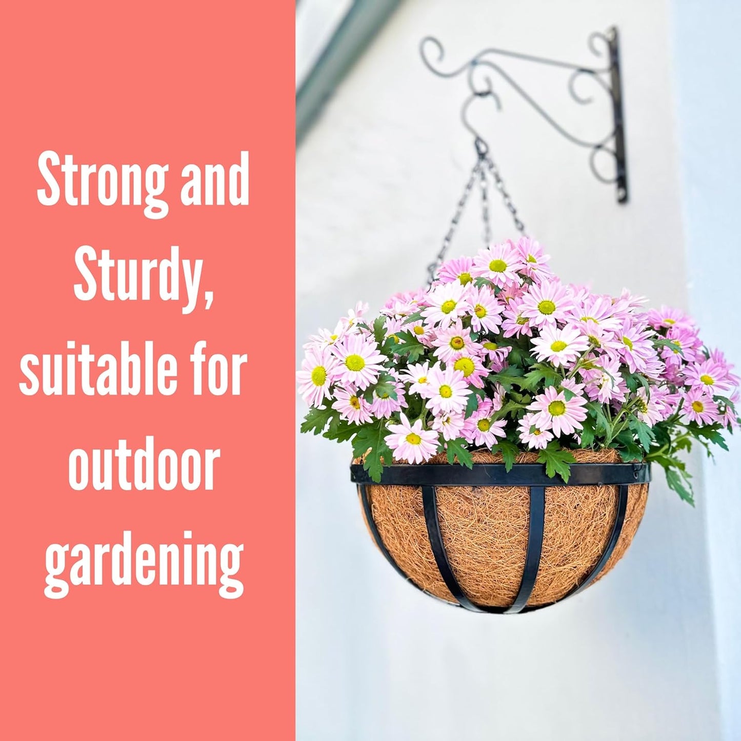 LaLaGreen Outdoor Hanging Baskets for Plants (4 Pack, 14 Inch) Large Hanging Planter with Coco Liner, Round Plant Flat Iron Metal Flower Pots for Deck Patio Porch Garden Balcony Outside Decoration